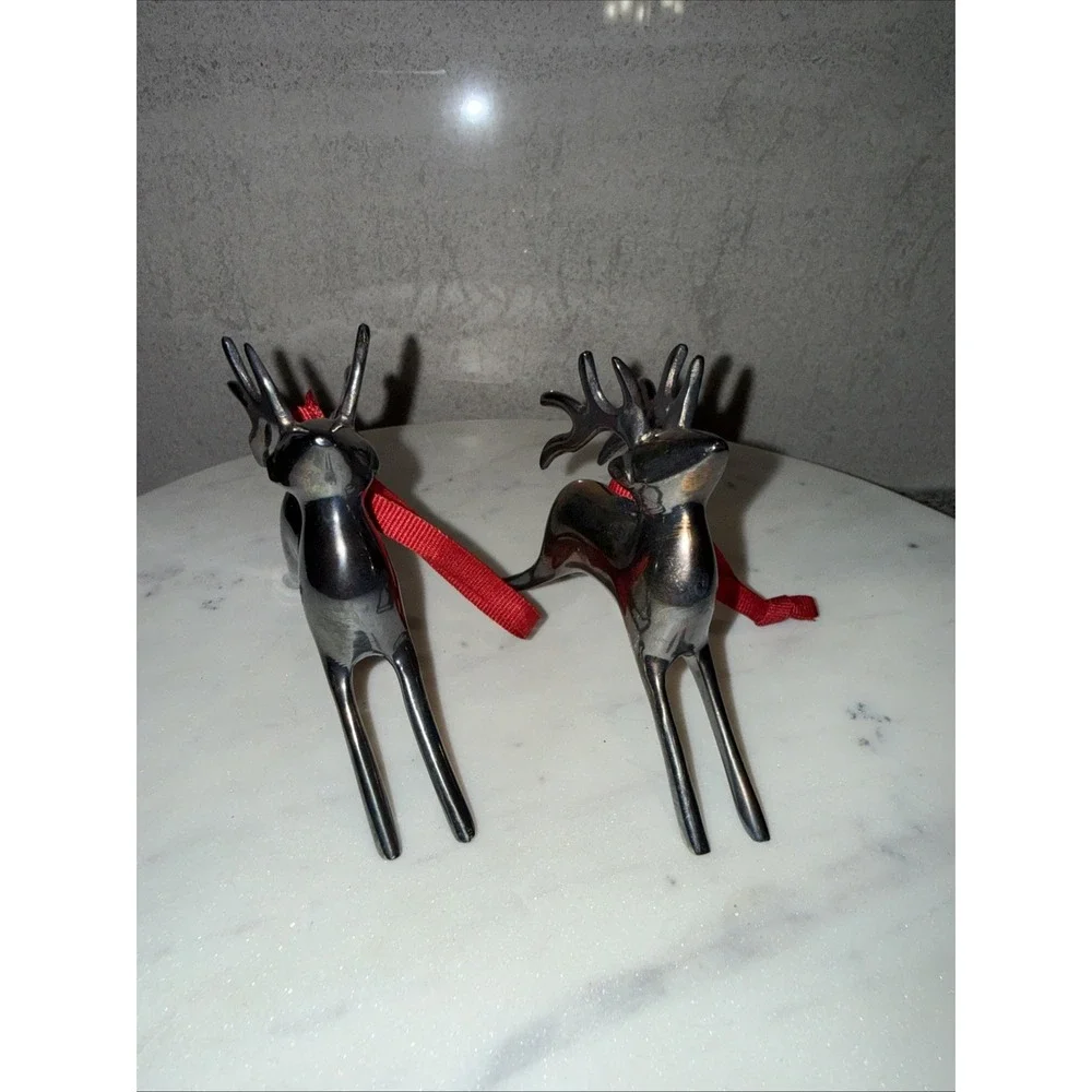Pair Pottery Barn Silver Plated REINDEER Christmas Ornament with Red Ribbon
